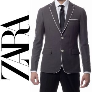 Zara Charcoal knit Blazer with White Piping